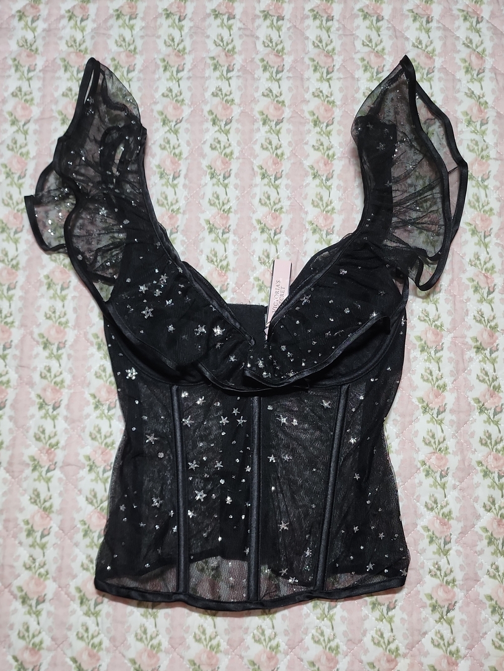 NWT Victoria's Secret 💖 Black Star-Embellished Ruffle Bustier Camisole 32B